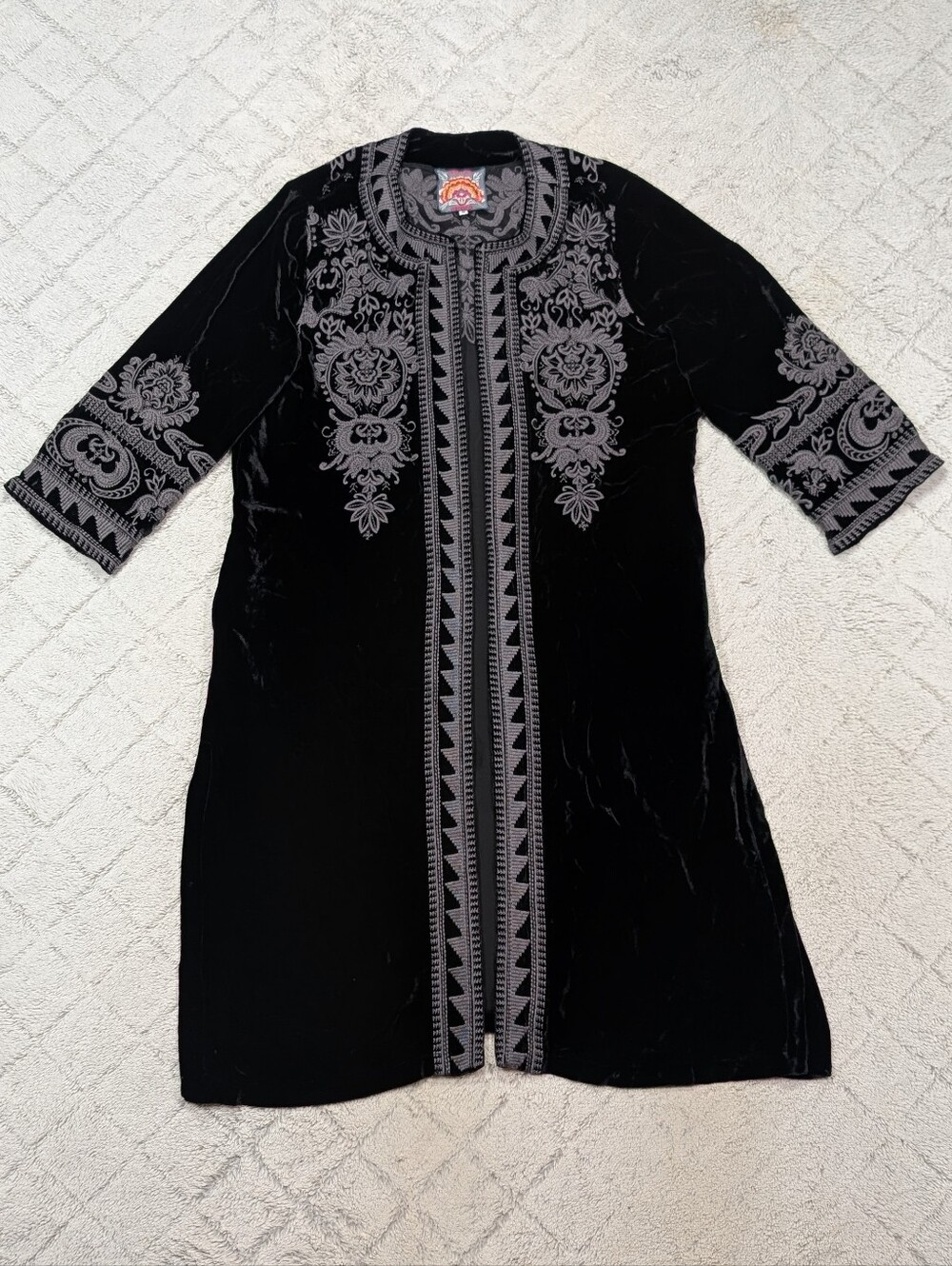 Johnny Was Jacket Womens M Black Embroidered Velvet Hirsh Midi Duster Coat